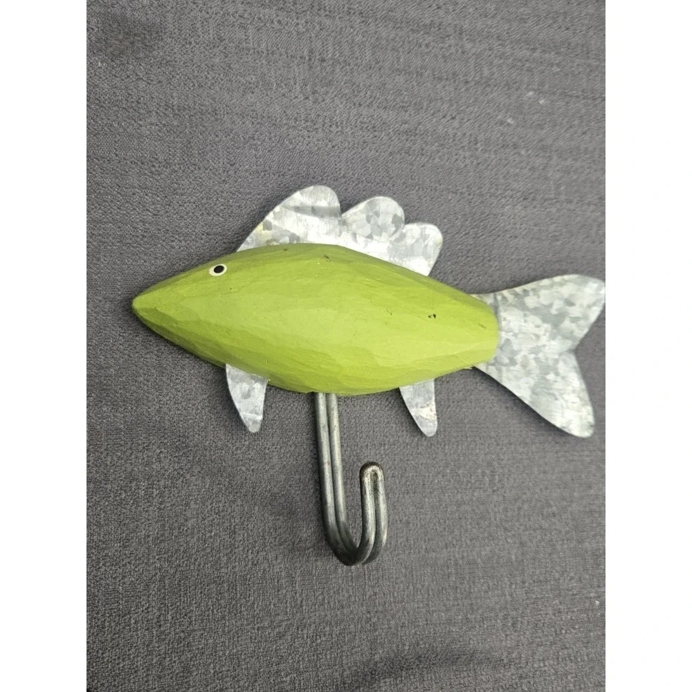 Fish Wall Hook Coastal Beach Nautical Decor Green Wood Metal Tail Hook